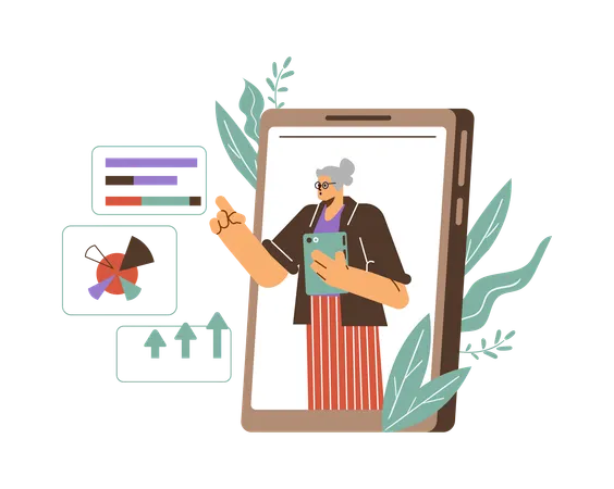 Businesswoman in tablet screen presenting statistics charts diagrams  Illustration