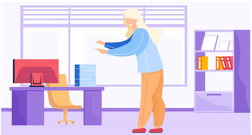 Secretary In Office Businesswoman Person In The Studio Girl Is Helping With Data Smiling Worker Woman Is Pointing To The Monitor On The Table Big Window With Curtains Flat Vector Illustration Illustration