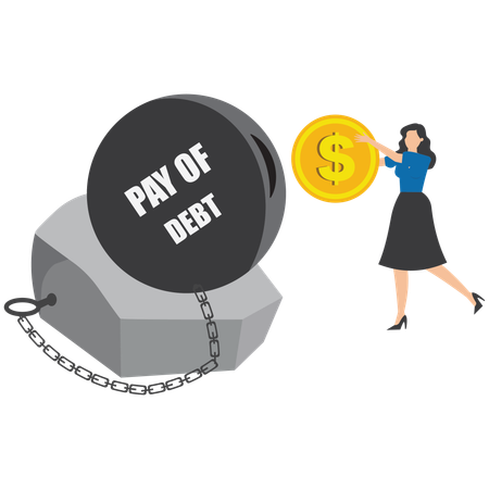 Businesswoman include gold coins in debt burden  Illustration