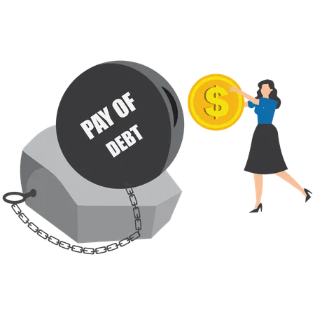 Businesswoman include gold coins in debt burden  Illustration