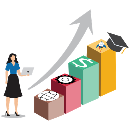 Businesswoman individual charting course through different career stages with directional arrows  Illustration