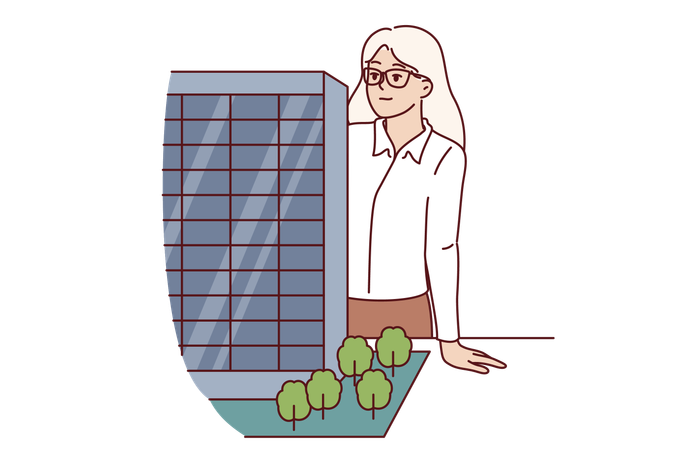 Businesswoman inspects architectural model of skyscraper  Illustration