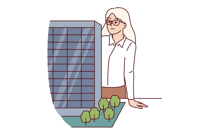 Businesswoman inspects architectural model of skyscraper  Illustration