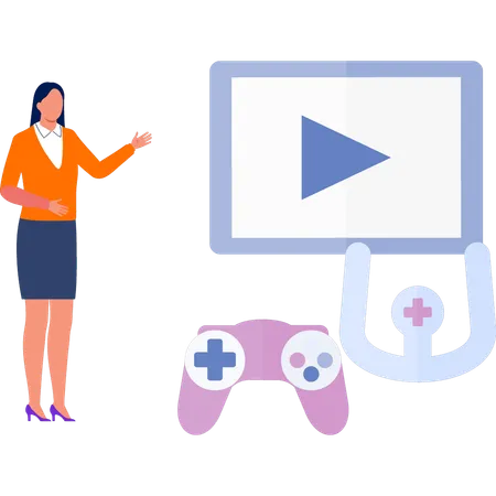 Businesswoman introducing video games  Illustration