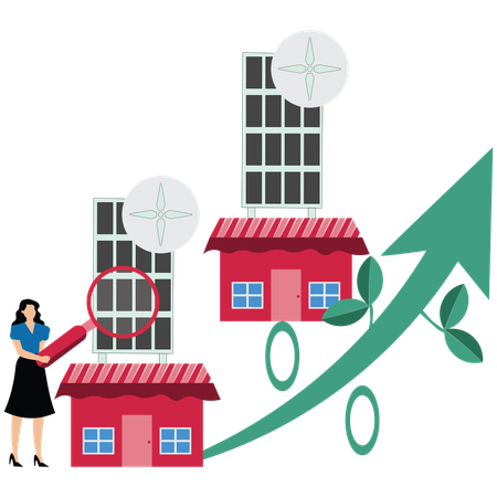 Businesswoman invest house with solar panels and growth Investment to alternative energy  Illustration