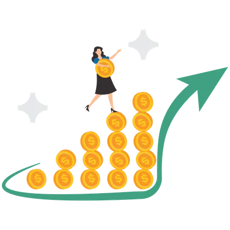 Businesswoman investor brings money and flags up money graph to reach pinnacle of success  Illustration