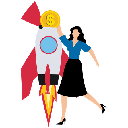 Businesswoman investor put money coin into innovative rocket to launch new business  Illustration