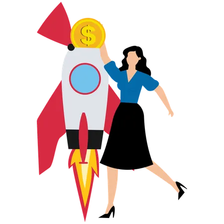 Businesswoman investor put money coin into innovative rocket to launch new business  Illustration