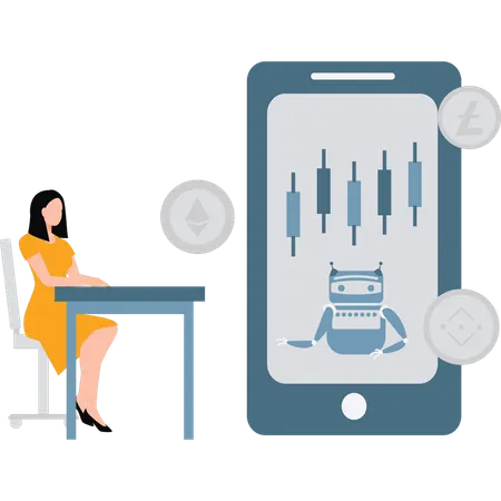 Businesswoman is analyzing share market on phone  Illustration