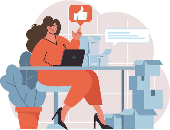 Businesswoman is analyzing social media response  Illustration