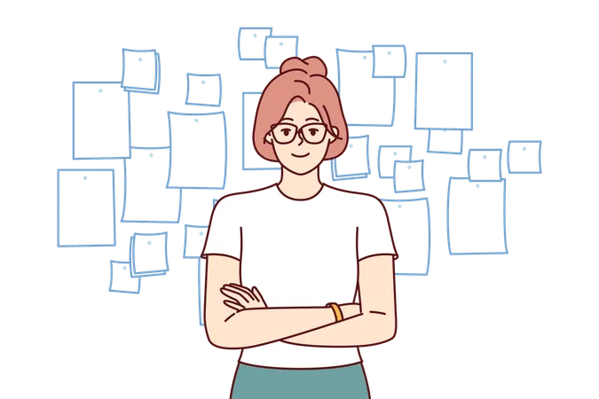 Confident Business Woman Manager Stands With Arms Crossed Near Kanban Board And Looks At Screen Successful Girl Near Wall With Stickers Of Different Sizes For Concept Of Setting Tasks In Business Illustration