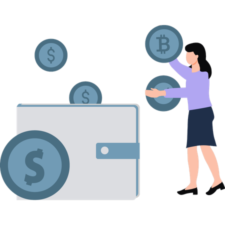 Businesswoman is depositing crypto money in wallet  Illustration