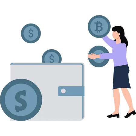 Businesswoman Is Depositing Crypto Money In Wallet Illustration