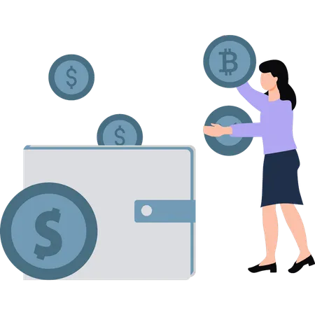 Businesswoman is depositing crypto money in wallet  Illustration