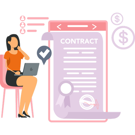 Businesswoman is discussing contract papers on phone  Illustration