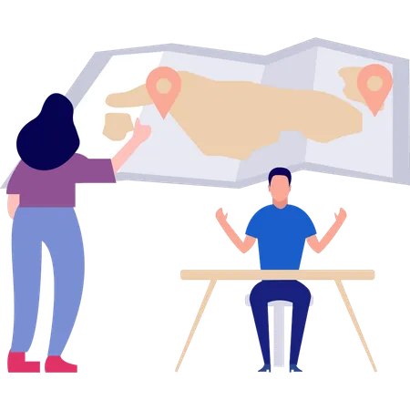 The Girl Is Pointing At The Location Pin On The Map Illustration