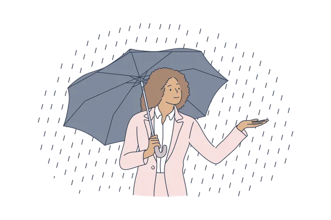 Business Safety Water Rain Concept Young Happy Miling African American Businesswoman Clerk Manager Cartoon Character Standing Nder Umbrella When Raining Protection From Bad Weather Illustration Illustration