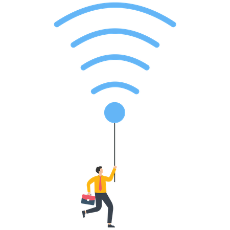 Businesswoman is floating with a wifi symbol balloon  Illustration
