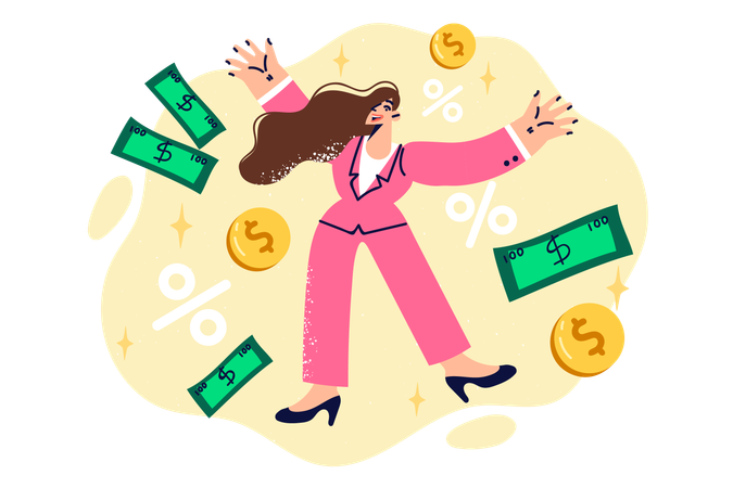 Businesswoman is flying bank notes  Illustration
