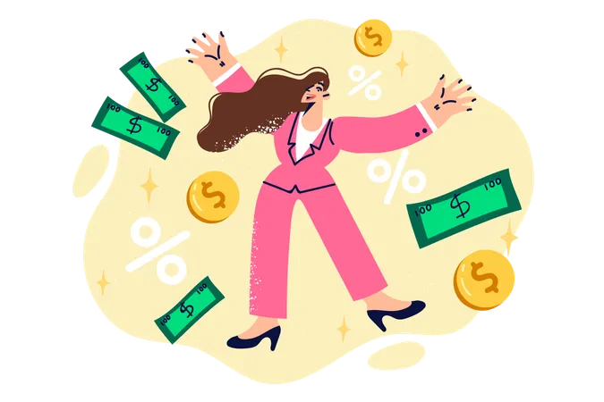 Rich Woman Stands With Hands Spread Among Flying Banknotes And Coins Symbolizing High Income Rich Girl In Pink Suit Rejoices At Dividends Received From Investments Or Own Business Illustration