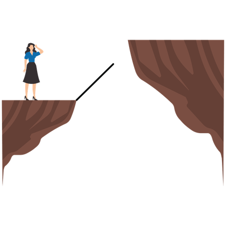 Businesswoman is looking for a way to cross the gap between two cliffs  Illustration