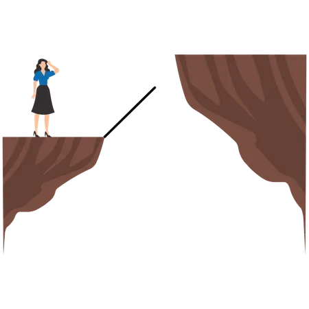 Businesswoman is looking for a way to cross the gap between two cliffs  Illustration