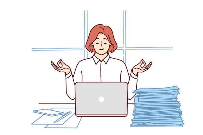 Business Woman Meditates Sitting At Office Desk With Papers And Laptop And Taking Short Break Businesswoman Meditates In Lotus Position And Uses Yoga Practices To Be More Productive Illustration