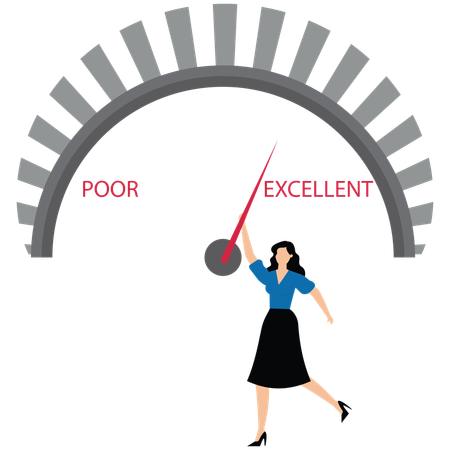 Businesswoman is pointing to change quality level indicator scale from poor to excellent  Illustration