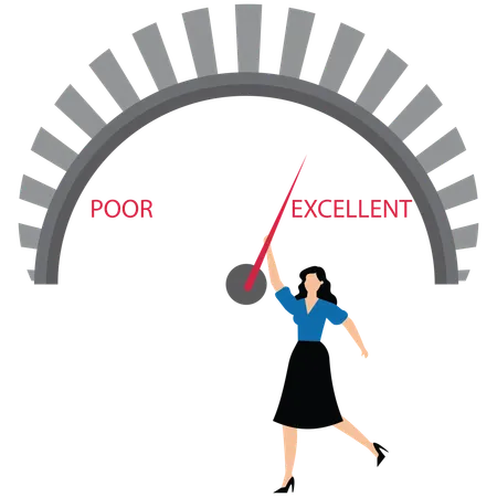 Businesswoman is pointing to change quality level indicator scale from poor to excellent  Illustration