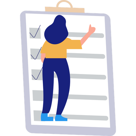 Businesswoman is pointing to the list on the clipboard  Illustration