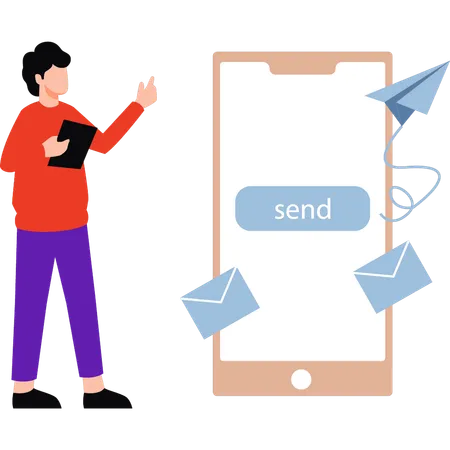 A Boy Is Sending Mails On Mobile Phone Illustration