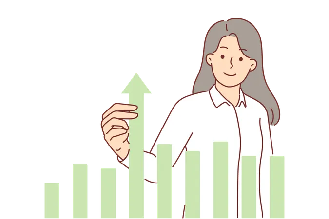Businesswoman Near Graph Raises Indicator With Hand For Concept Of Corporate Achievements And Desire To Increase Profits Analyst Woman Studying Financial Chart To Understand Reasons For Income Growth Illustration