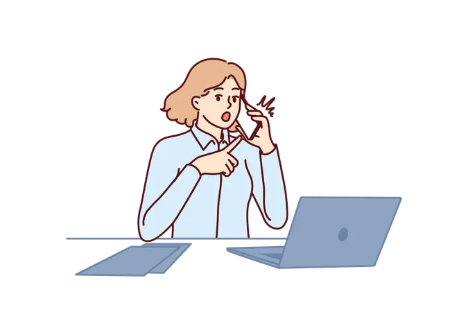 Woman Office Worker Shockedly Points To Phone And Makes Call To Partner Or Company Manager Businesswoman Sitting In Office At Table With Laptop Surprised By New Deadlines From Boss Illustration