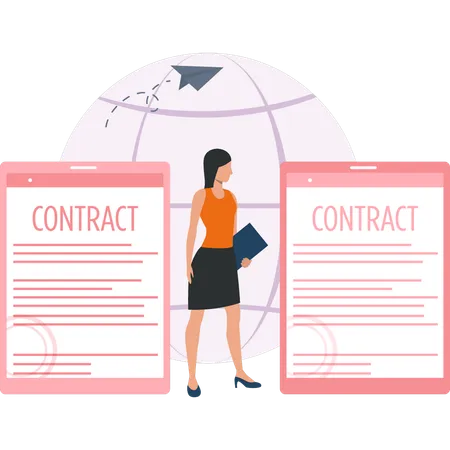 Businesswoman is signing international business contract  Illustration