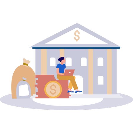 Businesswoman is sitting outside the bank  Illustration