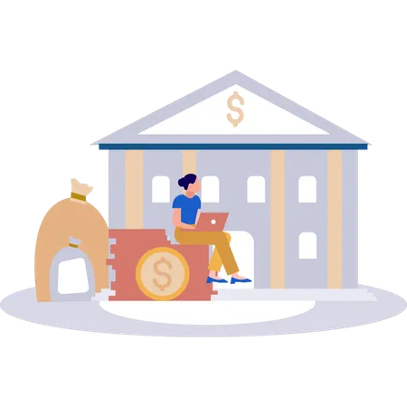 The Girl Is Sitting Outside The Bank Illustration