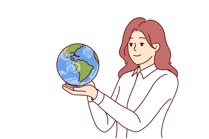 Business Woman Holding Miniature Planet Earth Dreaming Of Starting International Company Or Global Business Girl With Smile Looks At Globe With Continents And Dreams Of Going On Trip Around World Illustration