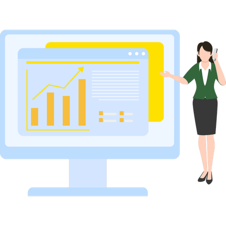 Businesswoman is standing next to a graph monitor doing presentation  イラスト