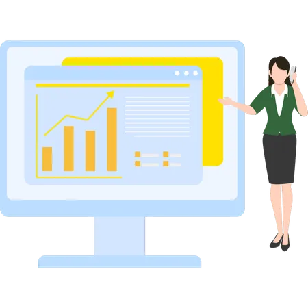 Businesswoman is standing next to a graph monitor doing presentation  Illustration