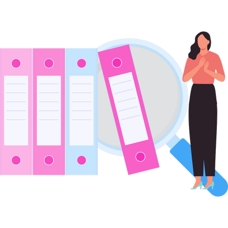 Businesswoman is standing next to the files  Illustration