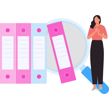 Businesswoman is standing next to the files  Illustration