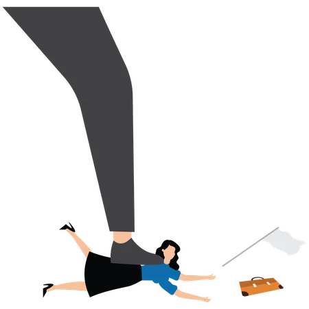 Businesswoman is trampled under a huge foot  Illustration