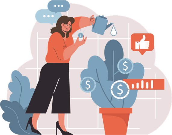 Businesswoman is watering money plant  Illustration