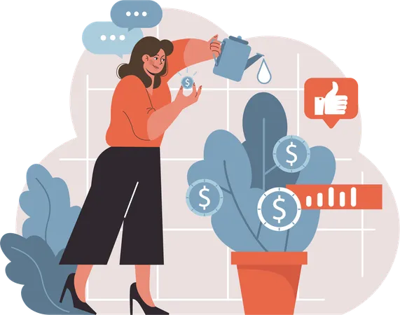 Businesswoman is watering money plant  Illustration