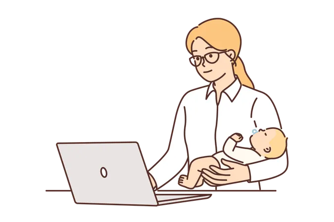 Businesswoman Works With Baby In Arms Using Laptop To Complete Freelance Orders Online Mom With Baby Raising Son Without Being Distracted By Work Wanting To Have Successful Career And Happy Family Illustration