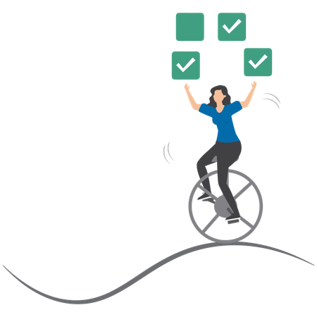 Businesswoman juggling checkbox while balancing on unicycle symbolizing task management and productivity  Illustration