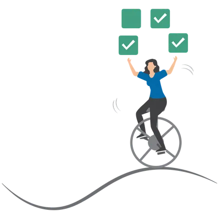 Businesswoman juggling checkbox while balancing on unicycle symbolizing task management and productivity  Illustration