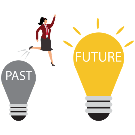 Businesswoman jump from old to new shiny lightbulb idea  Illustration