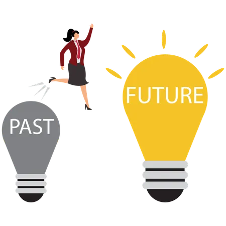 Businesswoman jump from old to new shiny lightbulb idea  Illustration