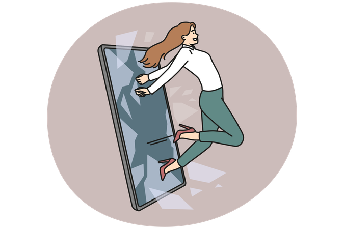 Businesswoman jump out of cellphone  Illustration